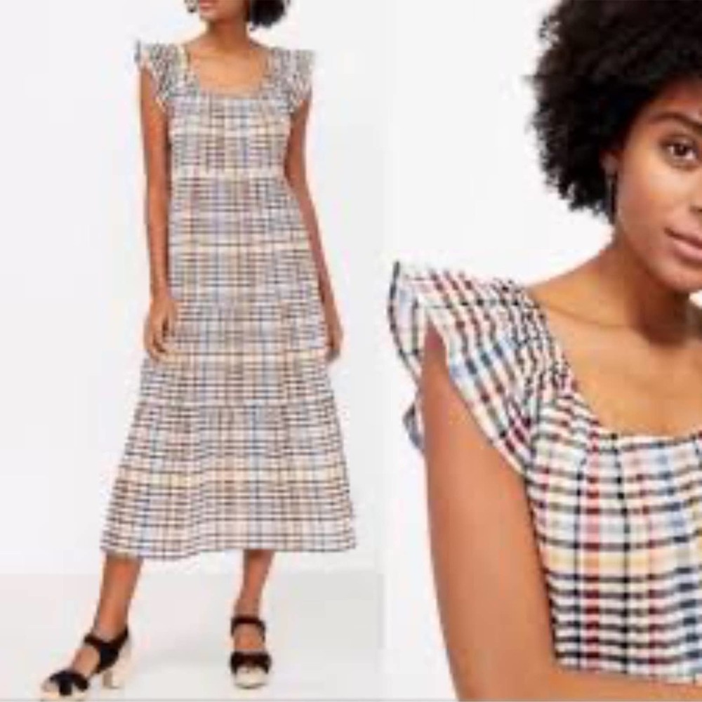 Loft Cream Blue Yellow Plaid Ruffle Flutter Sleeve Tiered Midi Dress Size LP